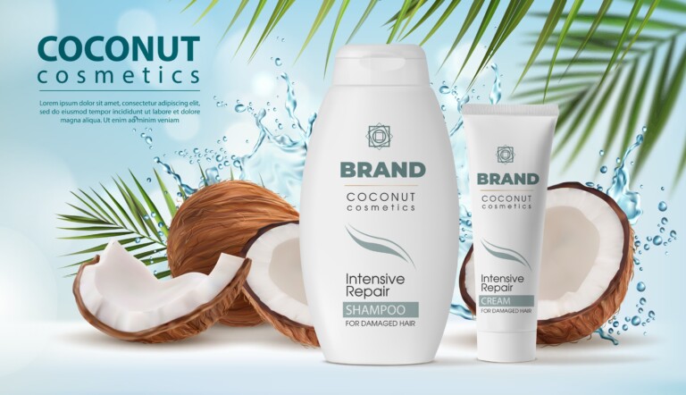 Coconut,Cosmetics,,Shampoo,And,Cream,Packaging,In,Water,Splash.,Vector